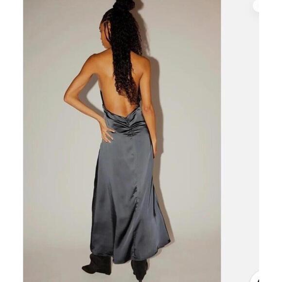 Free People dress large L black satin halter maxi formal dance party minimalist - Picture 2 of 11
